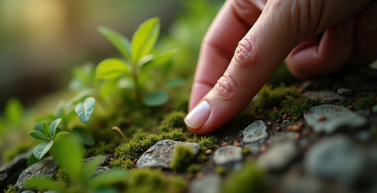 Vue macro sur une main posée sur une texture naturelle, doigts explorant délicatement les détails d'une surface