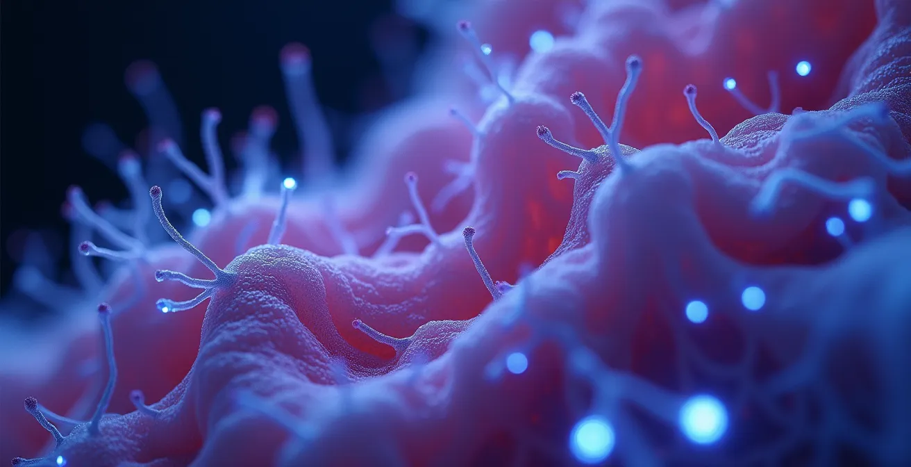 Vue macro de la paroi intestinale avec des neurones lumineux représentant l'axe intestin-cerveau.