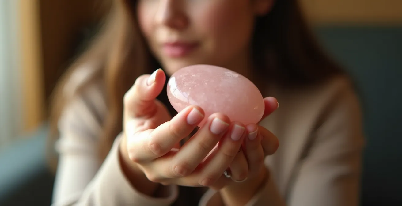 Personne tenant délicatement une pierre polie dans sa main ouverte avec lumière naturelle douce