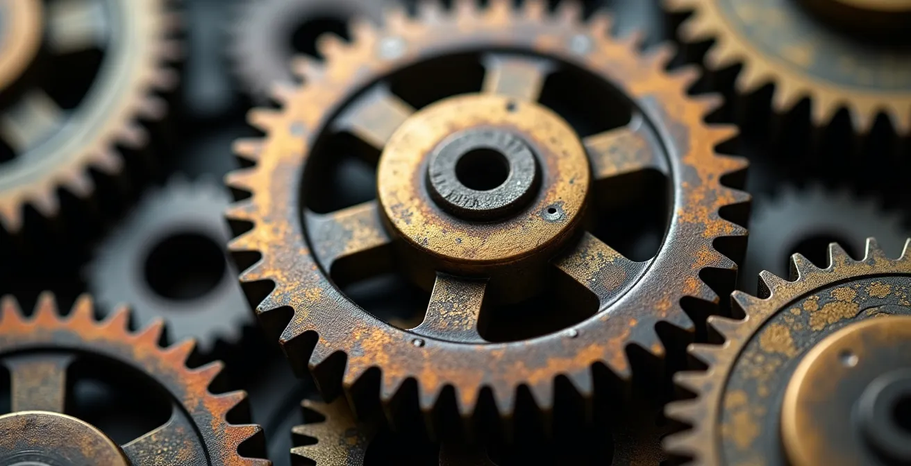 Photo macro d'engrenages en mouvement perpétuel symbolisant l'automatisation des habitudes.