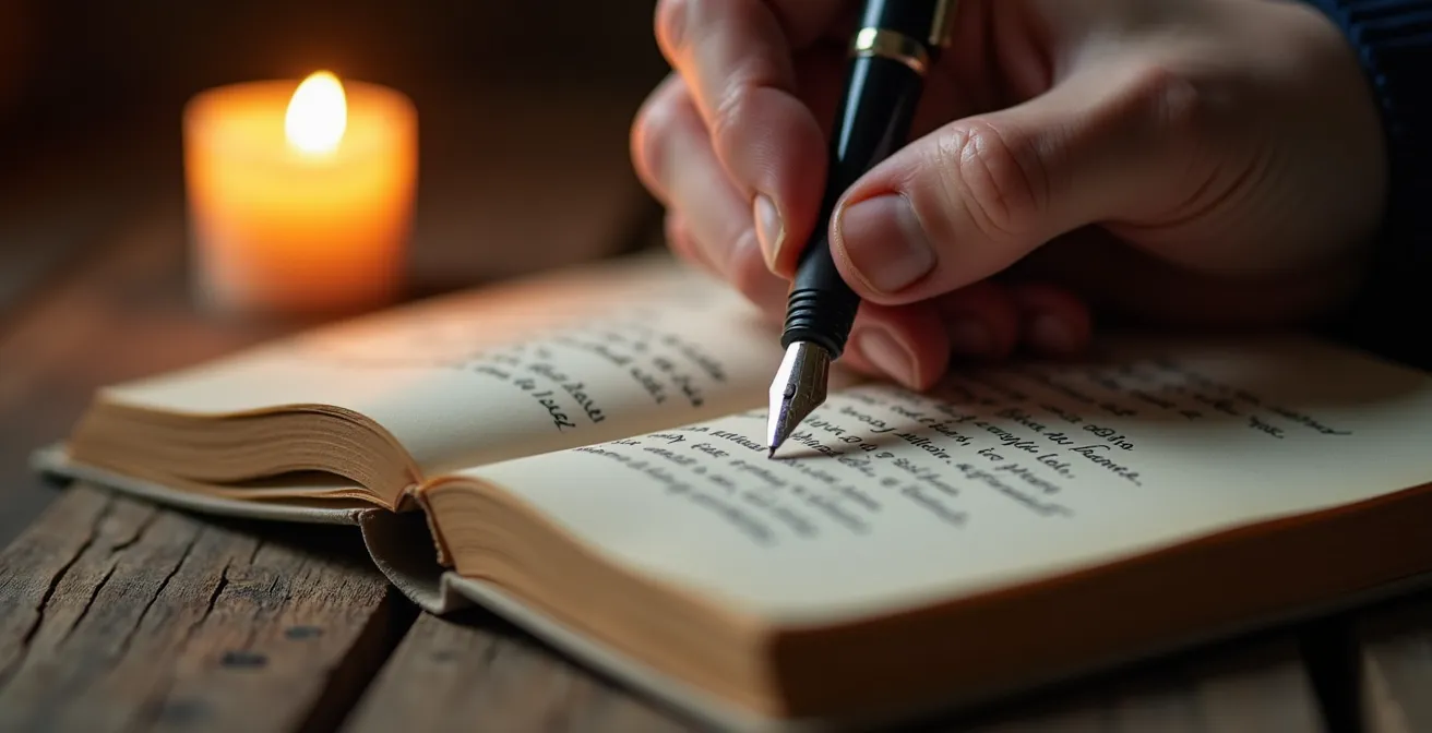 Mains tenant un carnet ouvert avec un stylo plume sur une table en bois éclairée par une bougie
