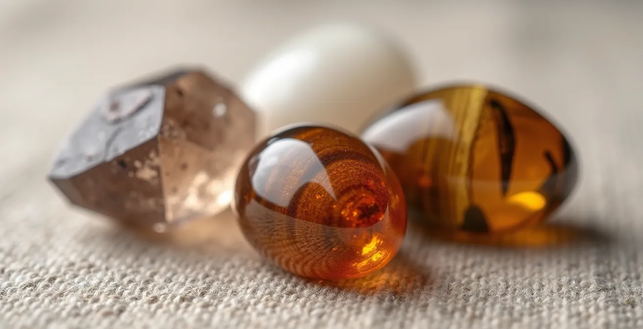 Gros plan macro sur trois pierres polies (quartz fumé, howlite, œil de tigre) avec textures et reflets naturels visibles