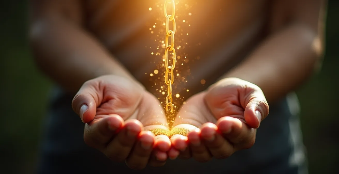 Mains ouvertes relâchant des chaînes dorées qui se dissolvent dans la lumière