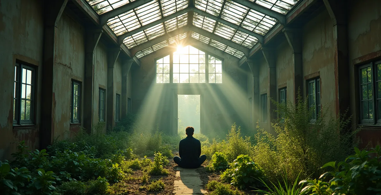 Représentation symbolique de la traversée d'une période sombre vers la lumière intérieure