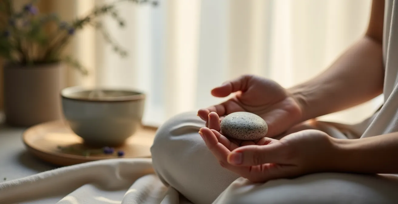 Espace de méditation personnel avec éléments sensoriels naturels