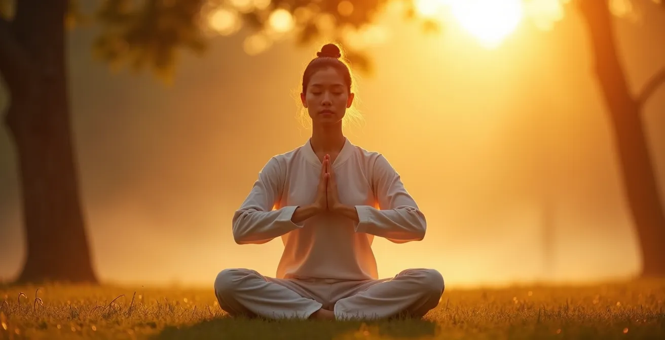 Personne pratiquant le Qi Gong au lever du soleil dans un parc, bras arrondis en posture de l'arbre