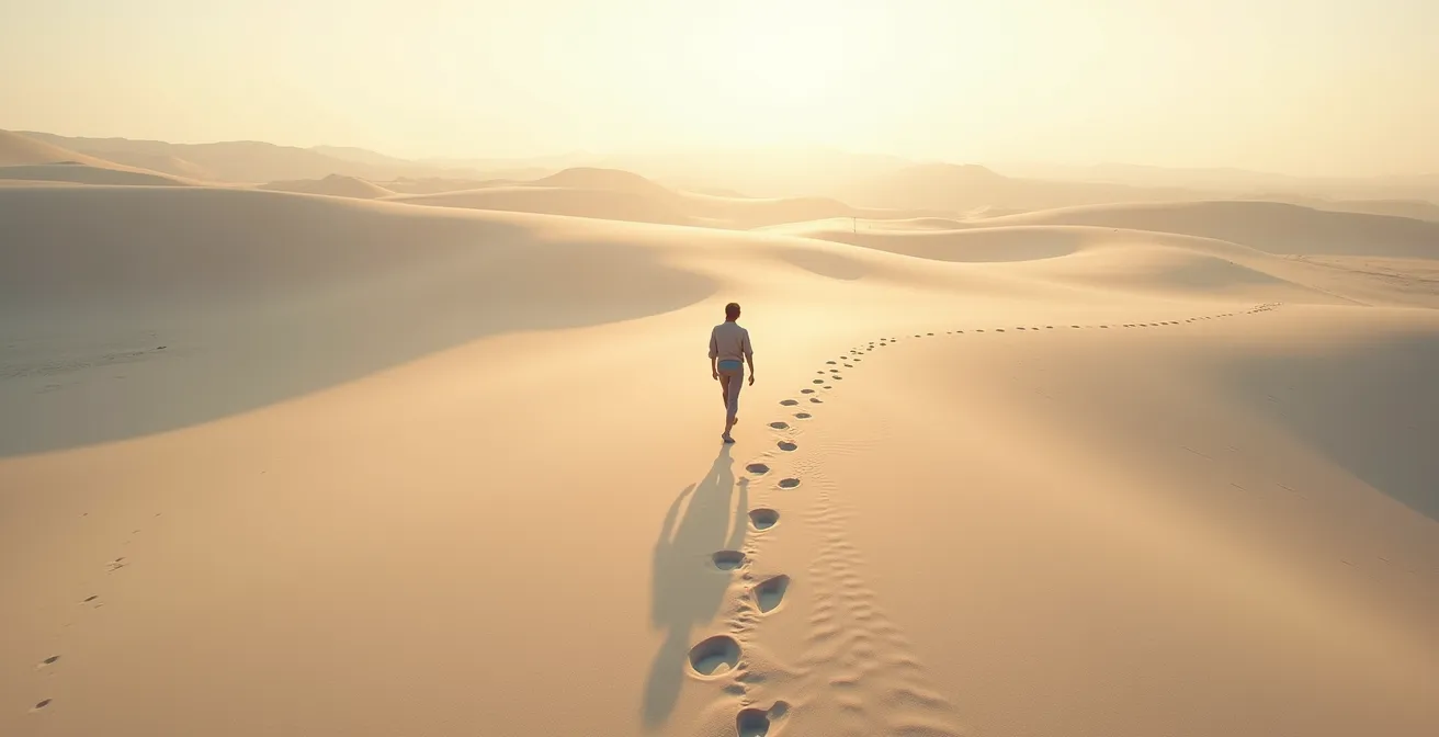 Vue aérienne minimaliste d'une personne marchant sur une plage de sable créant des empreintes