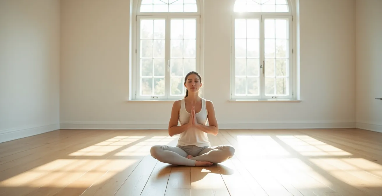 Personne pratiquant la respiration carrée dans un environnement minimaliste et apaisant