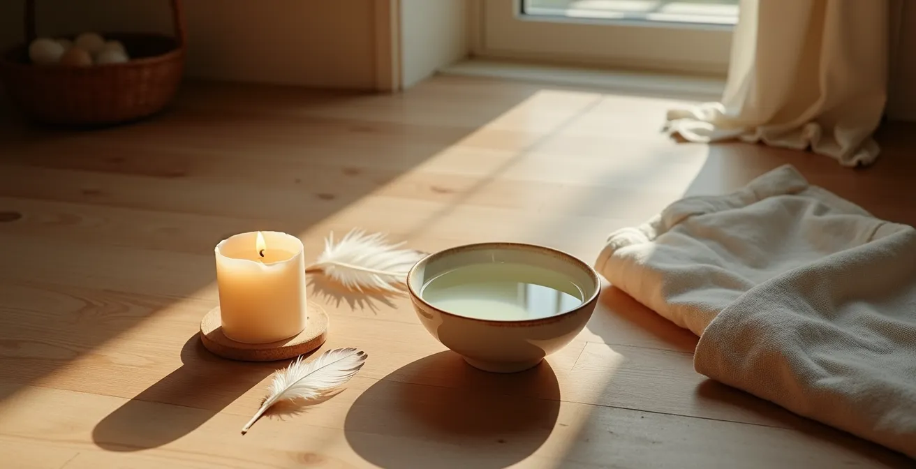 Espace méditatif avec bougie, eau dans un bol et plumes sur tissu naturel
