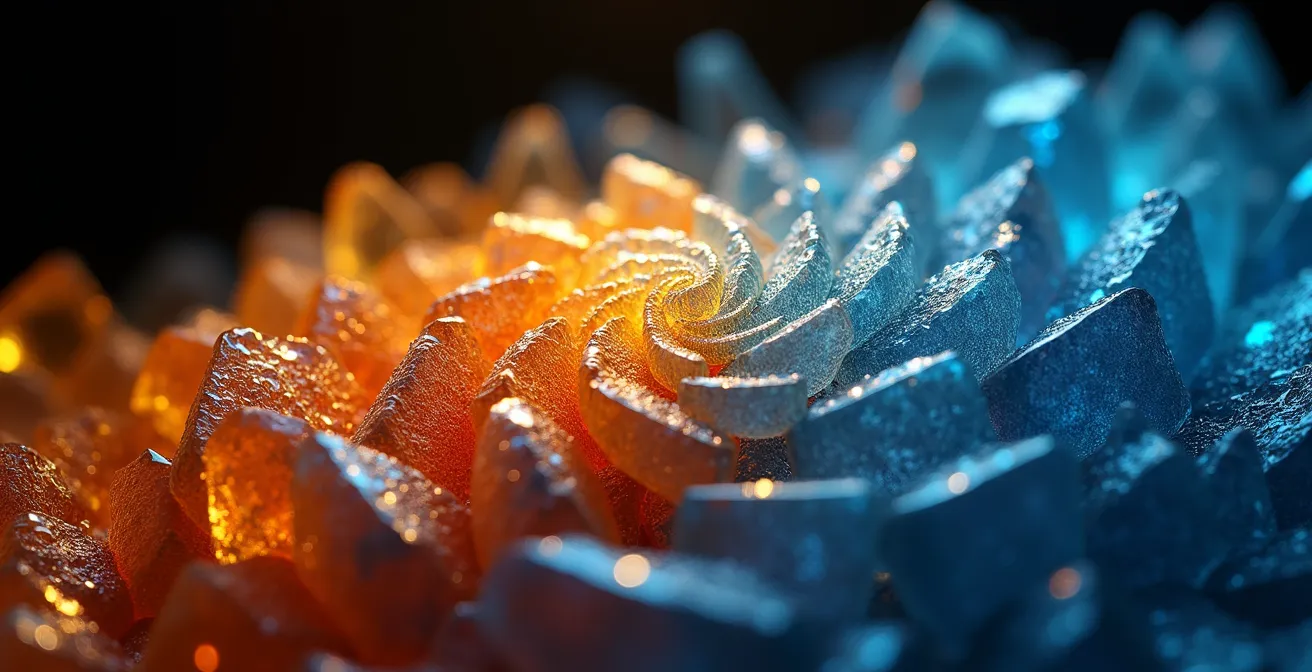 Vue macro de neurotransmetteurs symbolisés par des cristaux colorés passant du bleu froid au orange chaud.