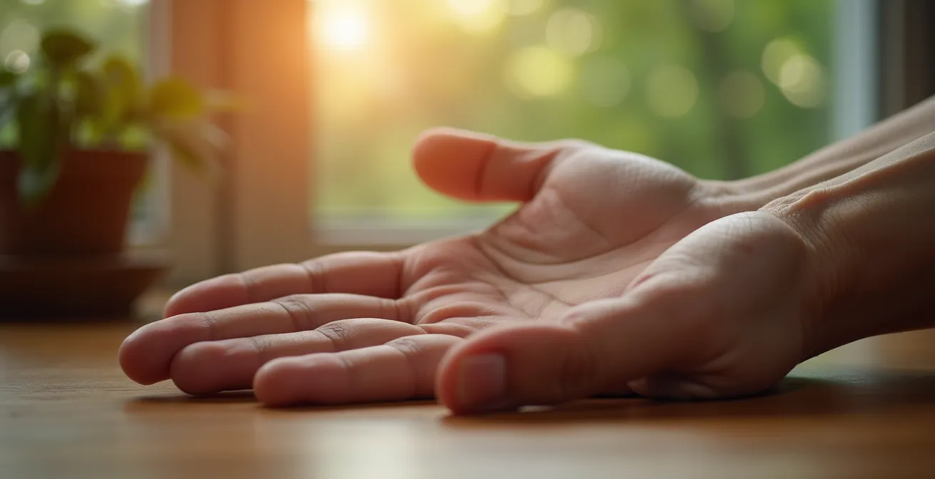 Gros plan sur une main tapotant délicatement le point karaté avec fond flou apaisant