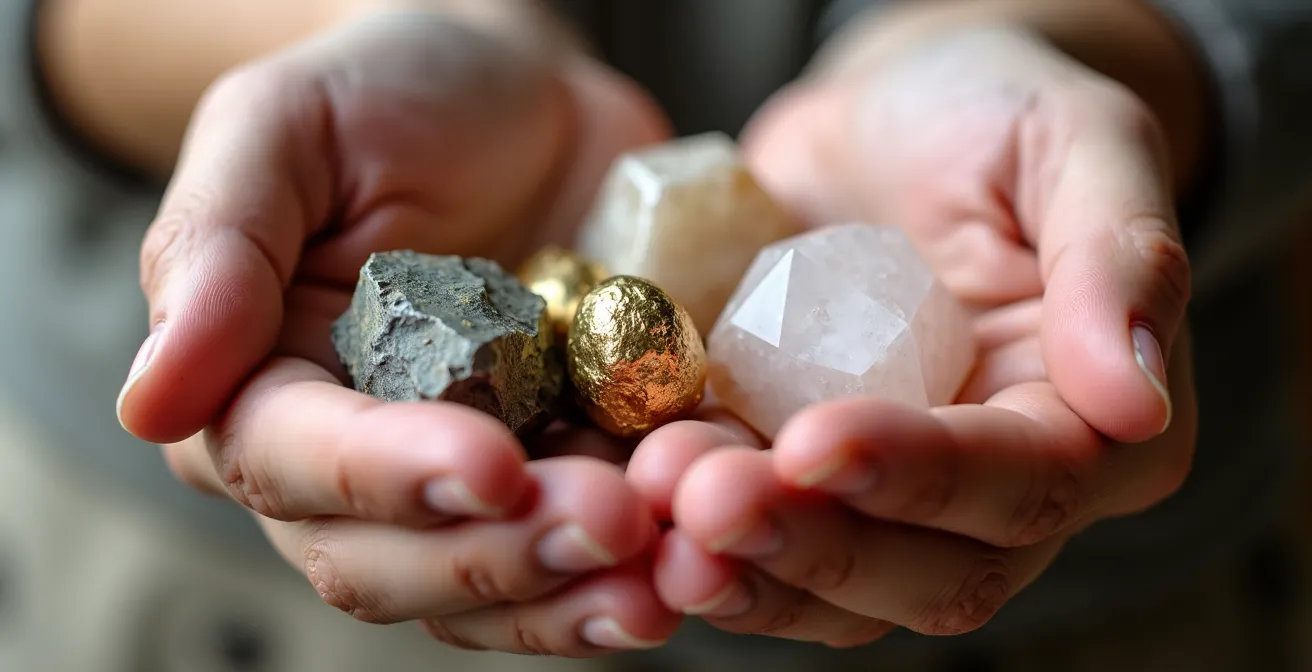 Mains tenant différentes pierres aux textures variées lors d'un test de sélection tactile