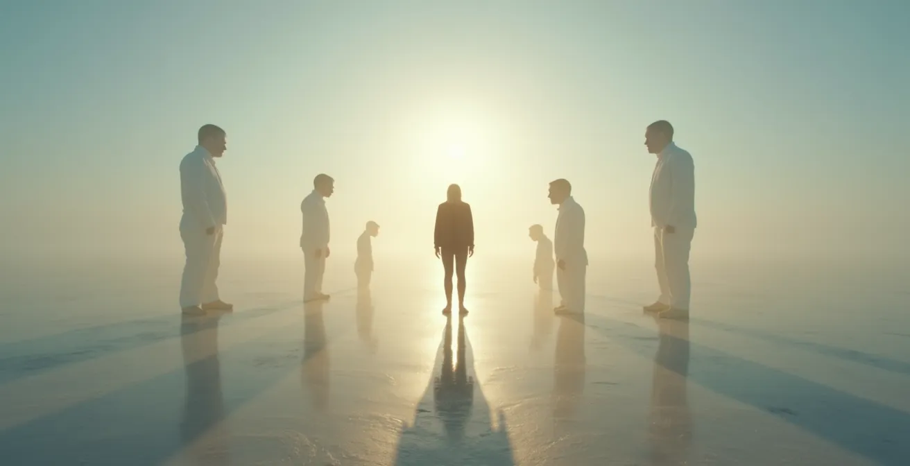 Composition artistique montrant trois silhouettes floues aspirant l'énergie lumineuse d'une personne au centre