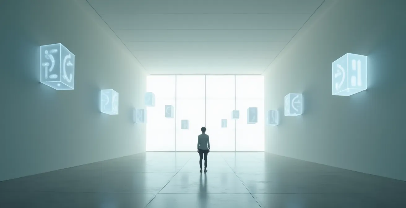 Personne visualisant son futur avec des projections lumineuses symboliques